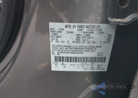 2009 Ford Edge Sel из США, поврежденный, VIN 2FMDK38C59BA45356